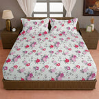 Elegant Pink Floral Pure Cotton 210 TC King Fitted Bedsheet with 2 Pillow Covers (72x78x10 Inches)
