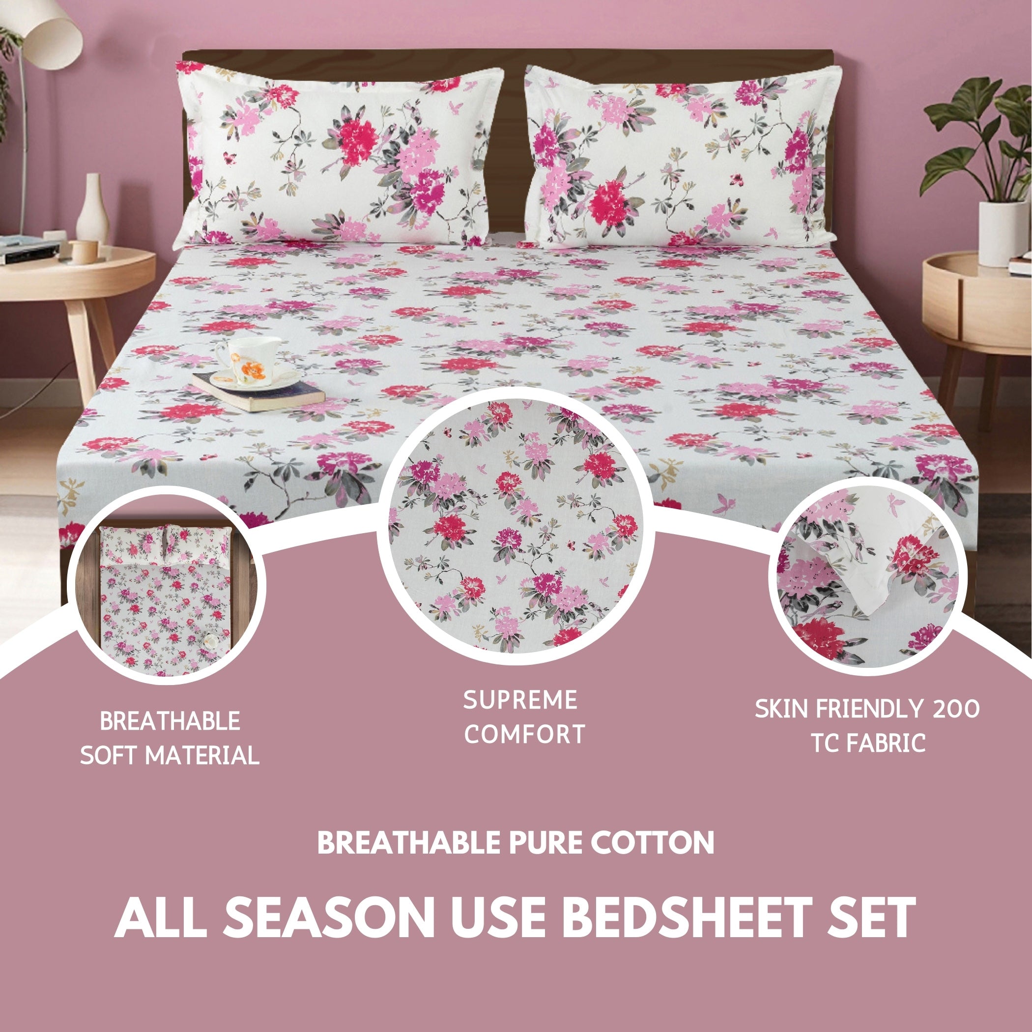 Elegant Pink Floral Pure Cotton 210 TC Double King Bedsheet with 2 Pillow Covers (90x108 Inches)
