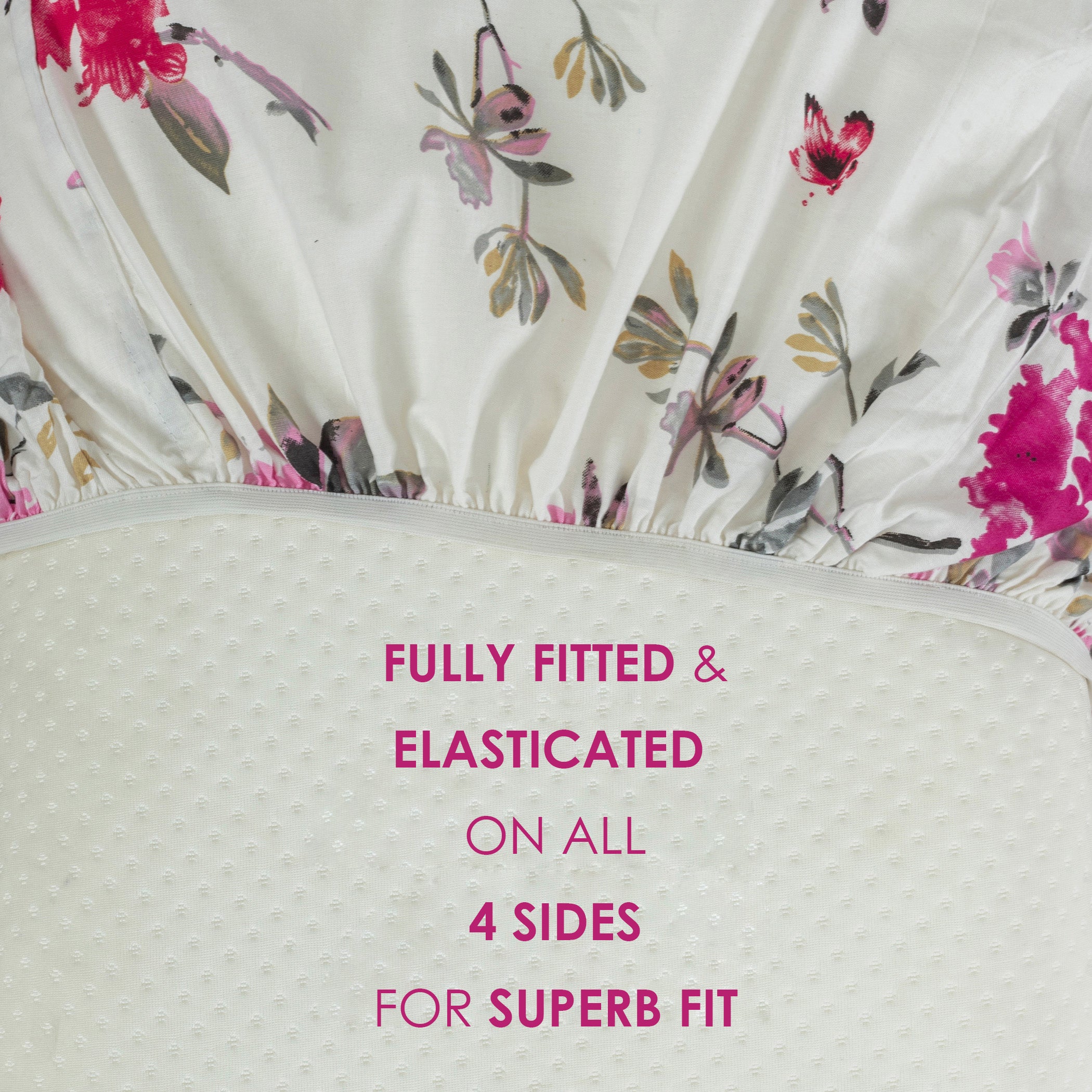 Elegant Pink Floral Pure Cotton 210 TC King Fitted Bedsheet with 2 Pillow Covers (72x78x10 Inches)