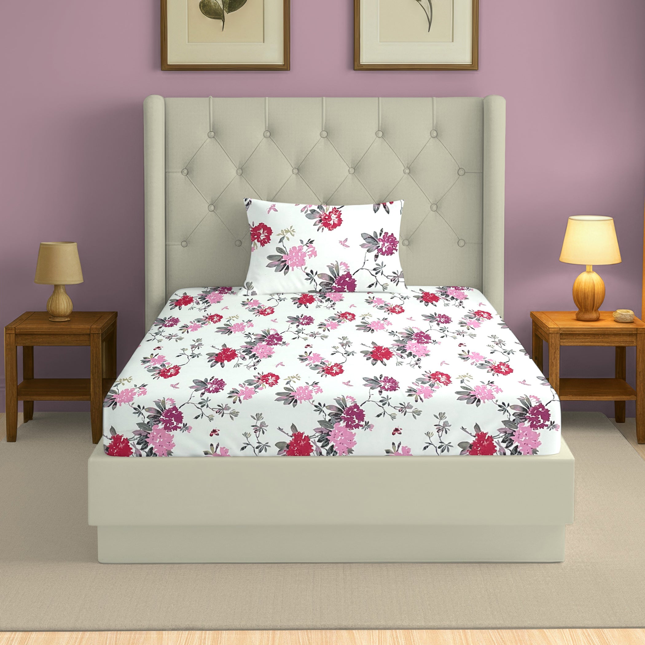 Elegant Pink Floral Pure Cotton 210 TC Single Bedsheet with 1 Pillow Cover (60x90 Inches)