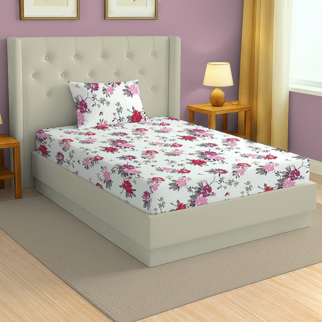 Elegant Pink Floral Pure Cotton 210 TC Single Bedsheet with 1 Pillow Cover (60x90 Inches)