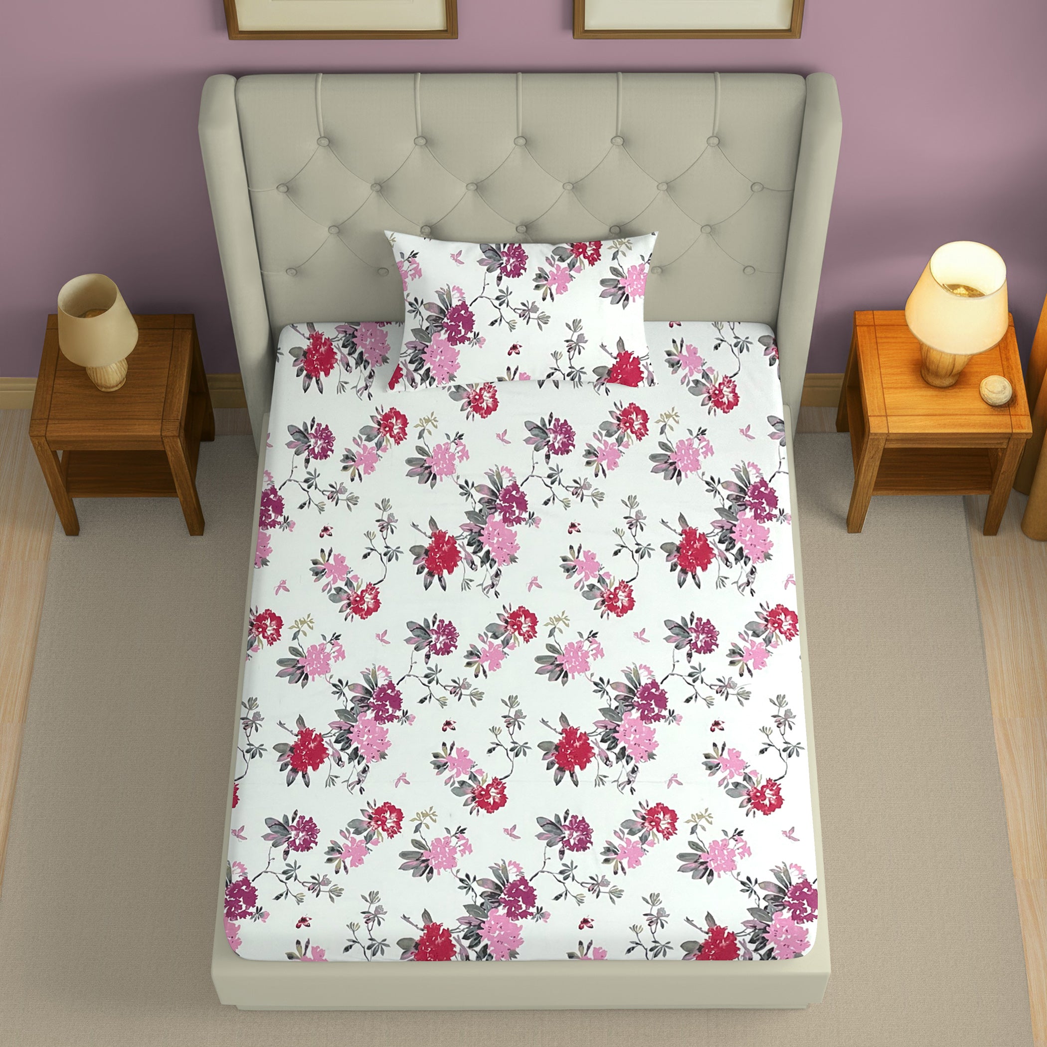 Elegant Pink Floral Pure Cotton 210 TC Single Bedsheet with 1 Pillow Cover (60x90 Inches)