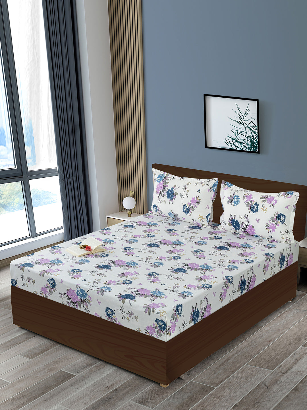 Elegant Beige Floral Vine Pure Cotton 210 TC Super King Bedsheet with 2 Pillow Covers (108x108 Inches)