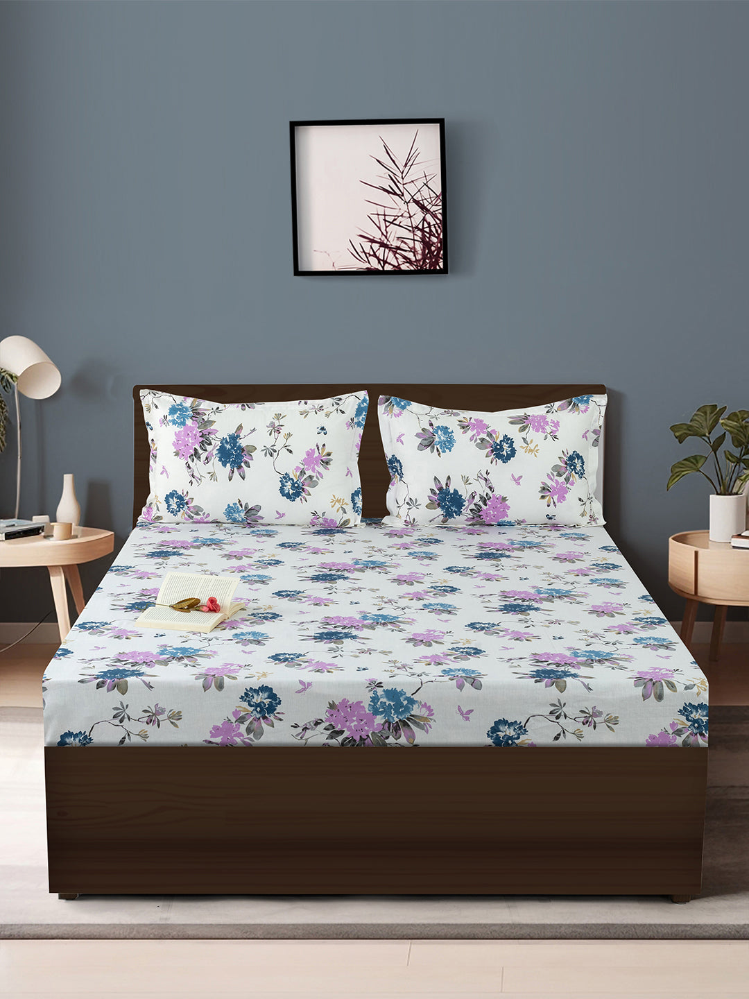 Elegant Beige Floral Vine Pure Cotton 210 TC Super King Bedsheet with 2 Pillow Covers (108x108 Inches)