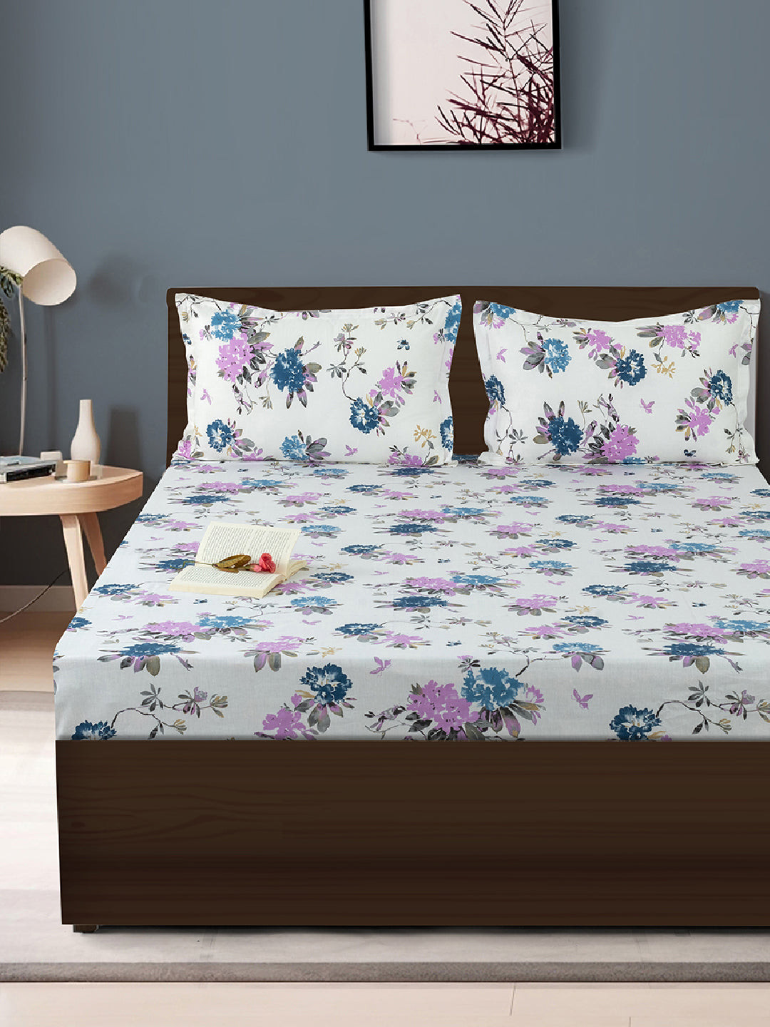 Elegant Beige Floral Vine Pure Cotton 210 TC Double King Bedsheet with 2 Pillow Covers (90x108 Inches)