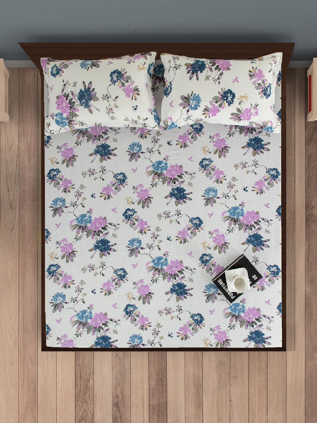 Elegant Beige Floral Vine Pure Cotton 210 TC Super King Bedsheet with 2 Pillow Covers (108x108 Inches)