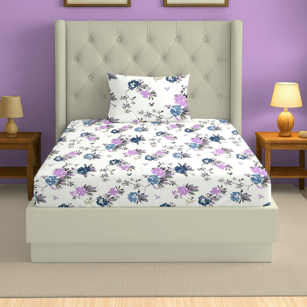 Elegant Beige Floral Vine Pure Cotton 210 TC Single Bedsheet with 1 Pillow Cover (60x90 Inches)