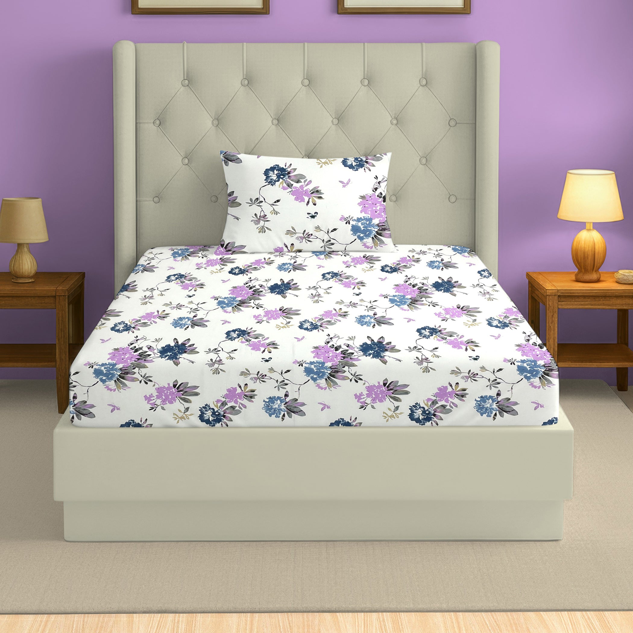 Elegant Beige Floral Vine Pure Cotton 210 TC Single Bedsheet with 1 Pillow Cover (60x90 Inches)