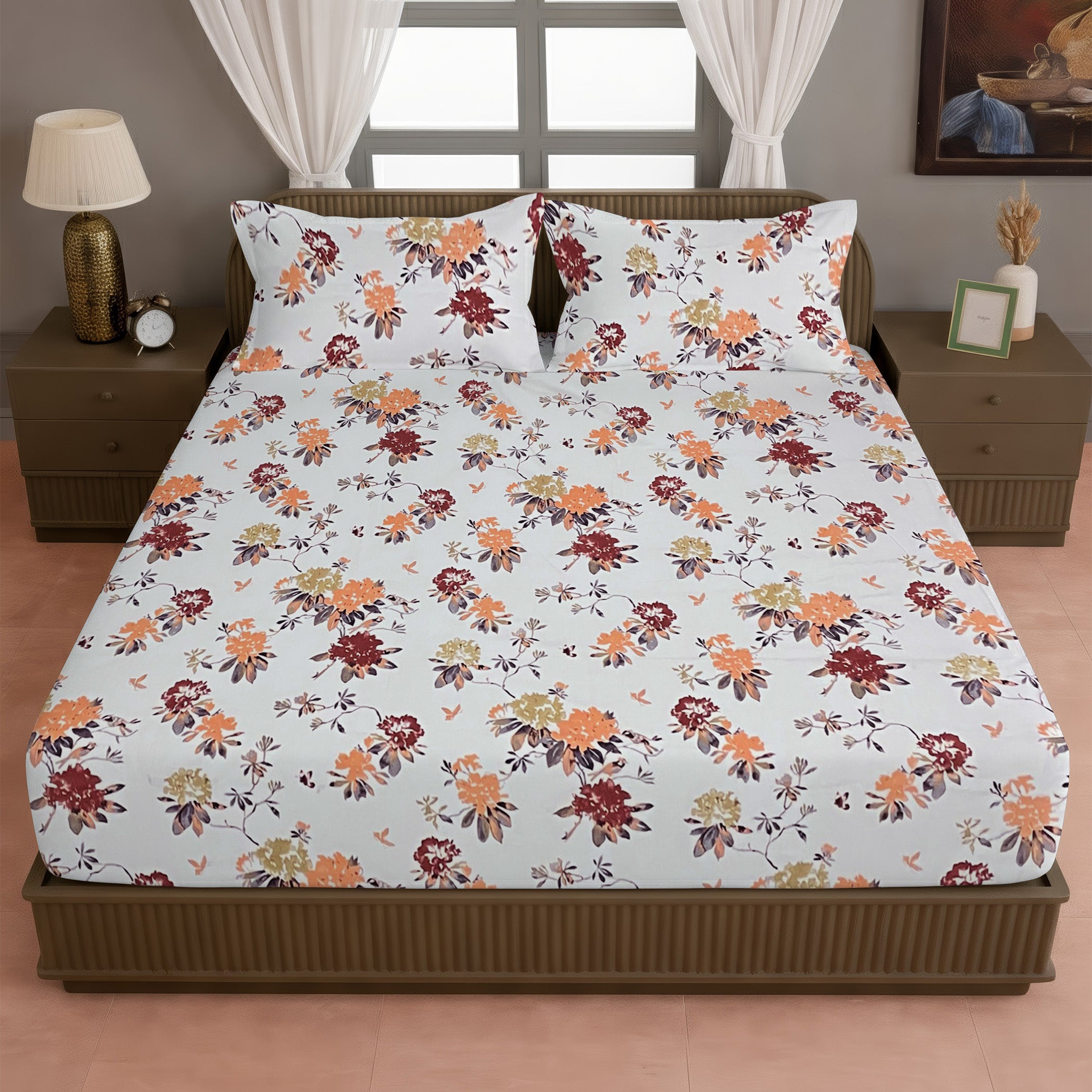 Grey Floral Vine Pure Cotton 210 TC King Fitted Bedsheet with 2 Pillow Covers (72x78x10 Inches)
