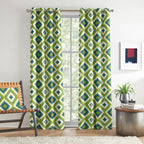 Lime Blue Ikat Diamonds 220 GSM Cotton Casement Eyelet Curtain
