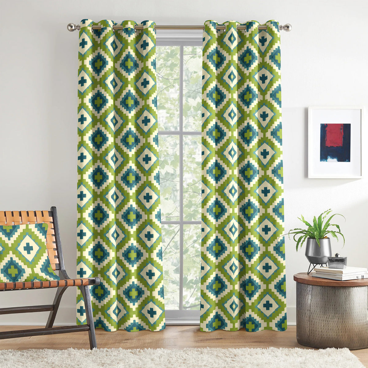 Lime Blue Ikat Diamonds 220 GSM Cotton Casement Eyelet Curtain