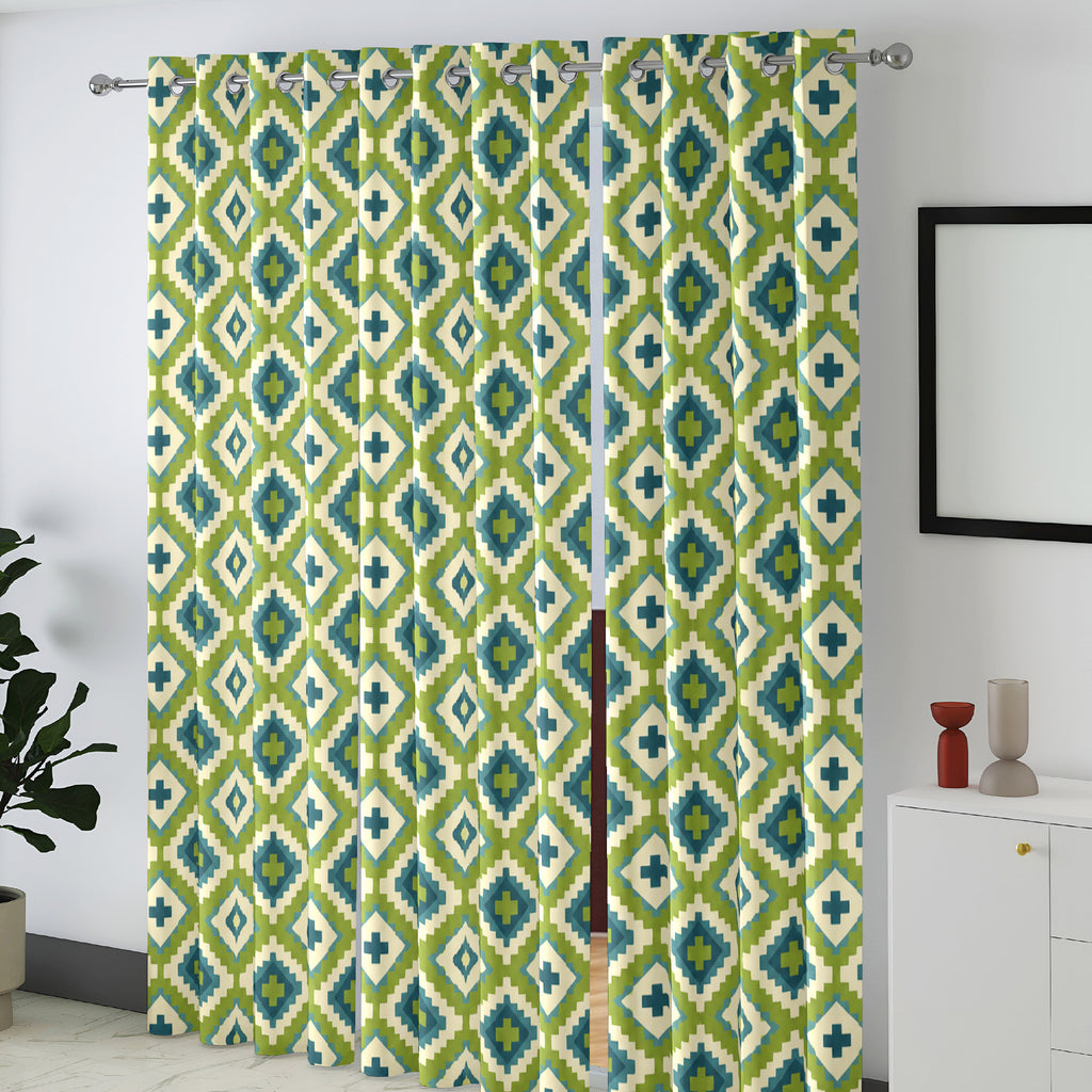 Lime Blue Ikat Diamonds 220 GSM Cotton Casement Eyelet Curtain