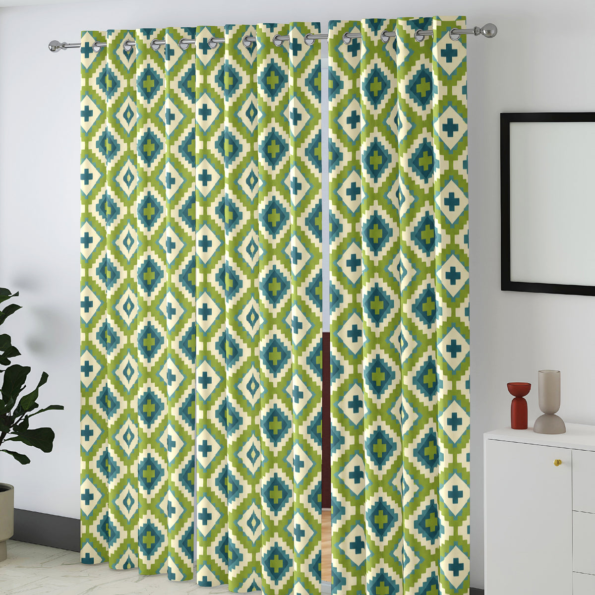 Lime Blue Ikat Diamonds 220 GSM Cotton Casement Eyelet Curtain
