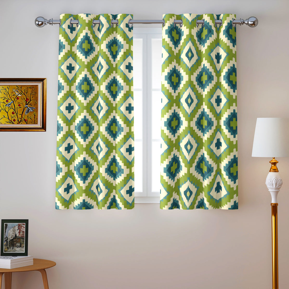 Lime Blue Ikat Diamonds 220 GSM Cotton Casement Eyelet Curtain