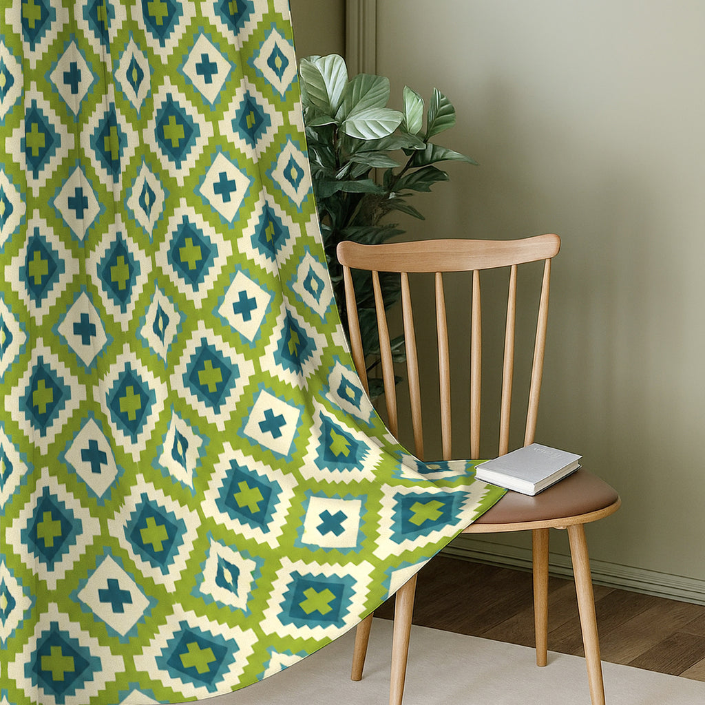 Lime Blue Ikat Diamonds 220 GSM Cotton Casement Eyelet Curtain