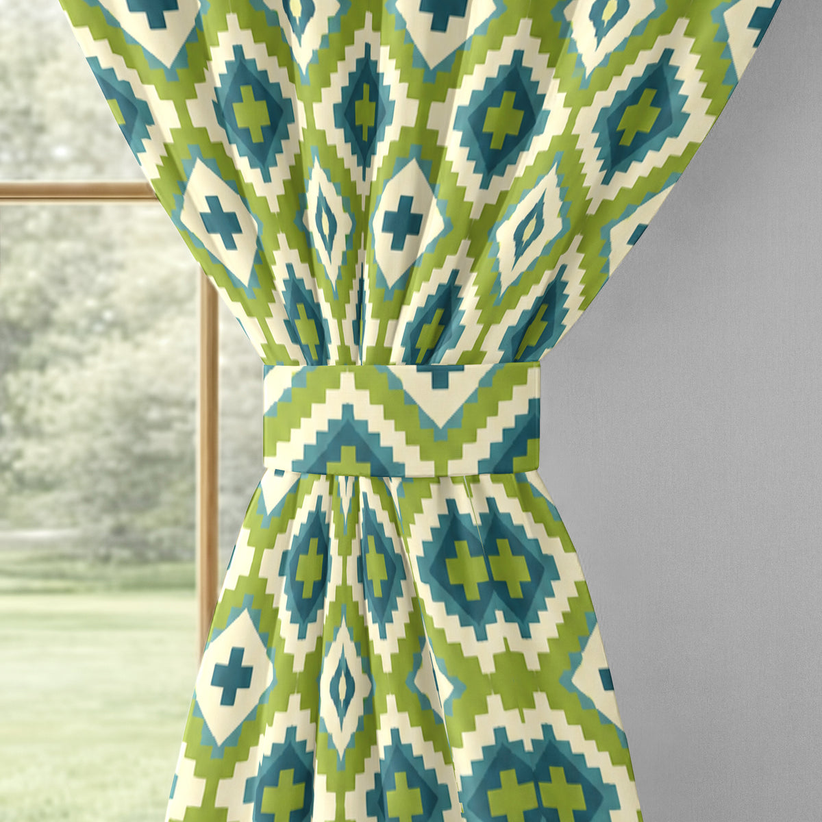 Lime Blue Ikat Diamonds 220 GSM Cotton Casement Eyelet Curtain