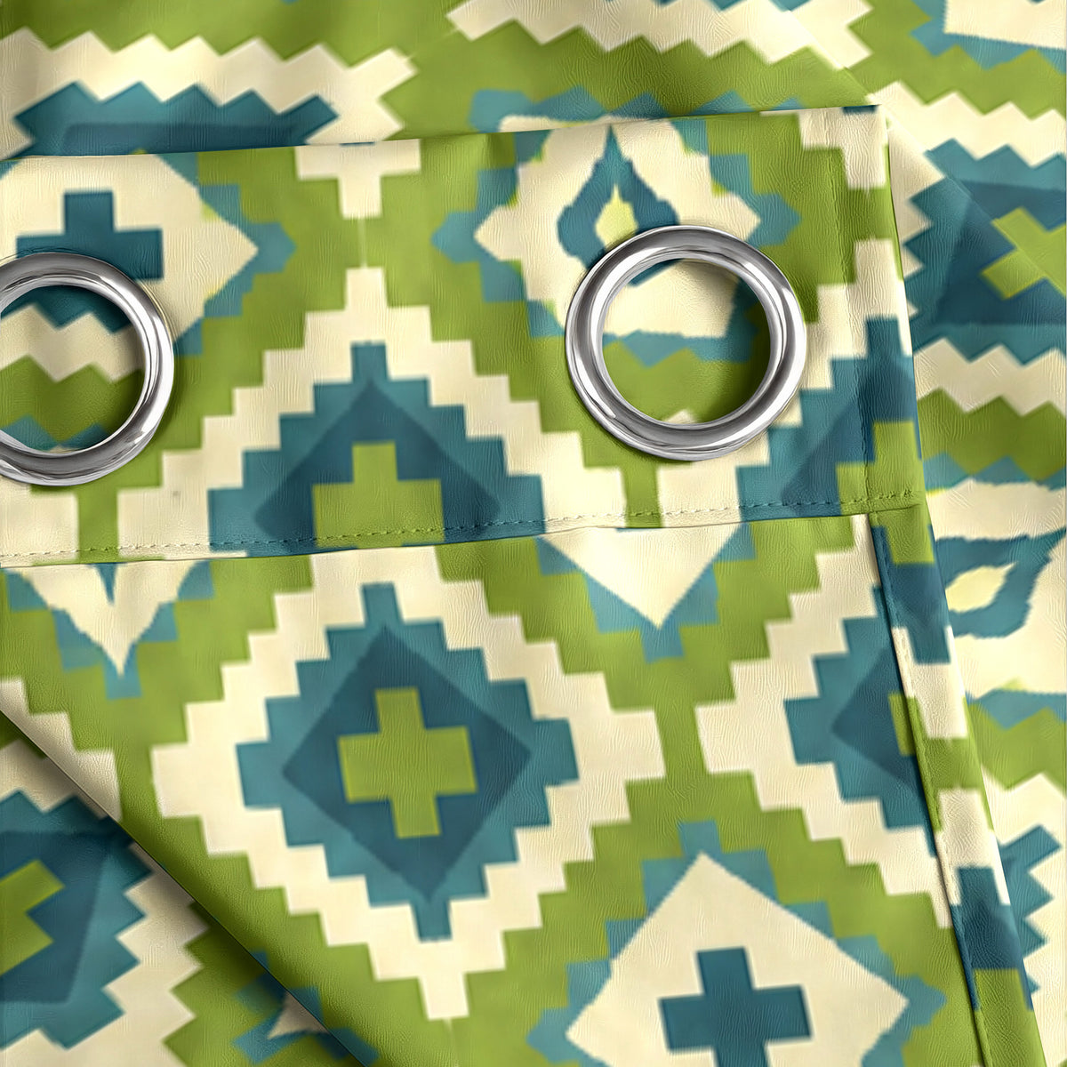 Lime Blue Ikat Diamonds 220 GSM Cotton Casement Eyelet Curtain