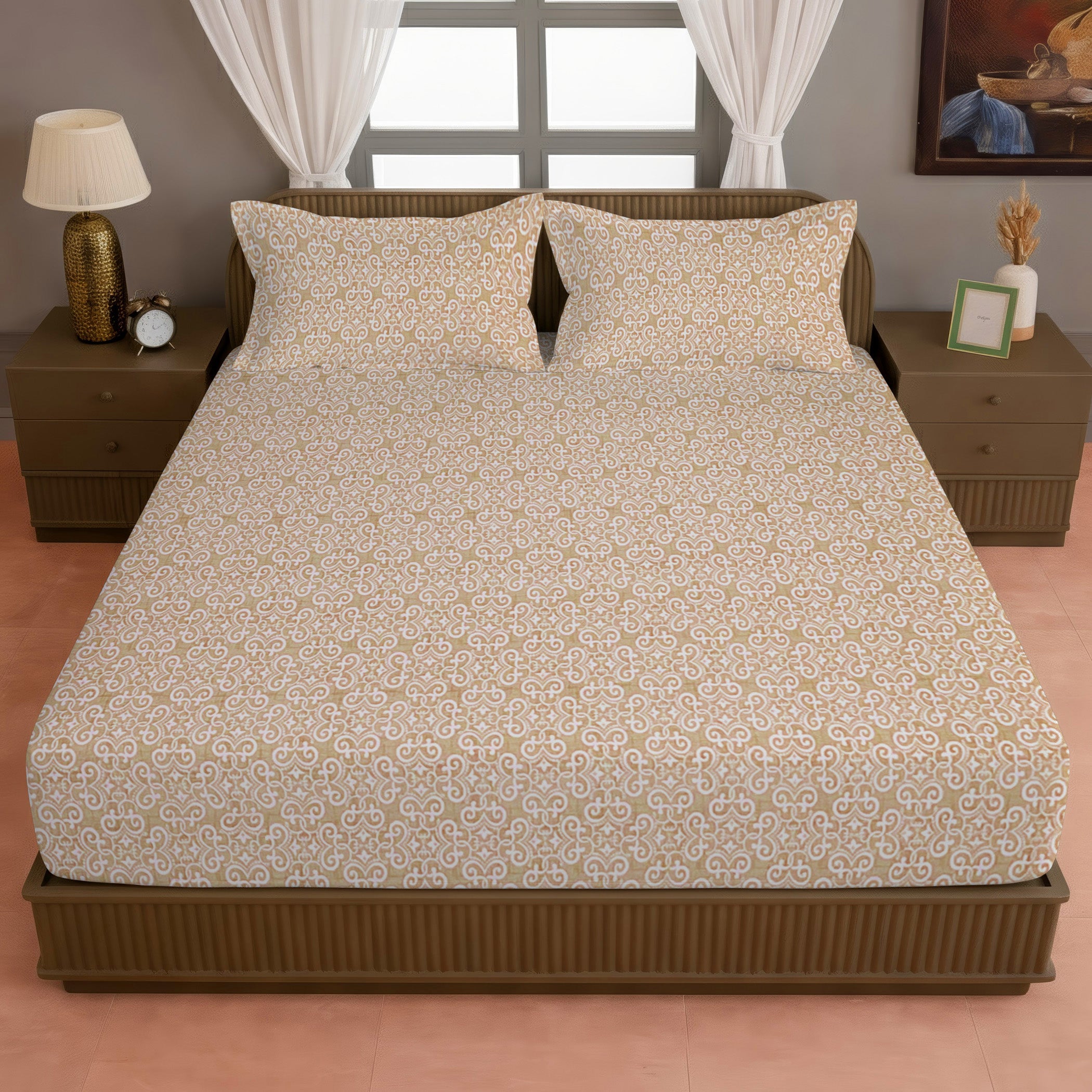 Ornamental Swirl Beige 210 TC Pure Cotton King Fitted Bedsheet with 2 Pillow Covers (72 x 78 x 10 Inches)