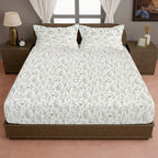 Elegant Ivory Botanical Pure Cotton 210 TC King Fitted Bedsheet with 2 Pillow Covers (72x78x10 Inches)