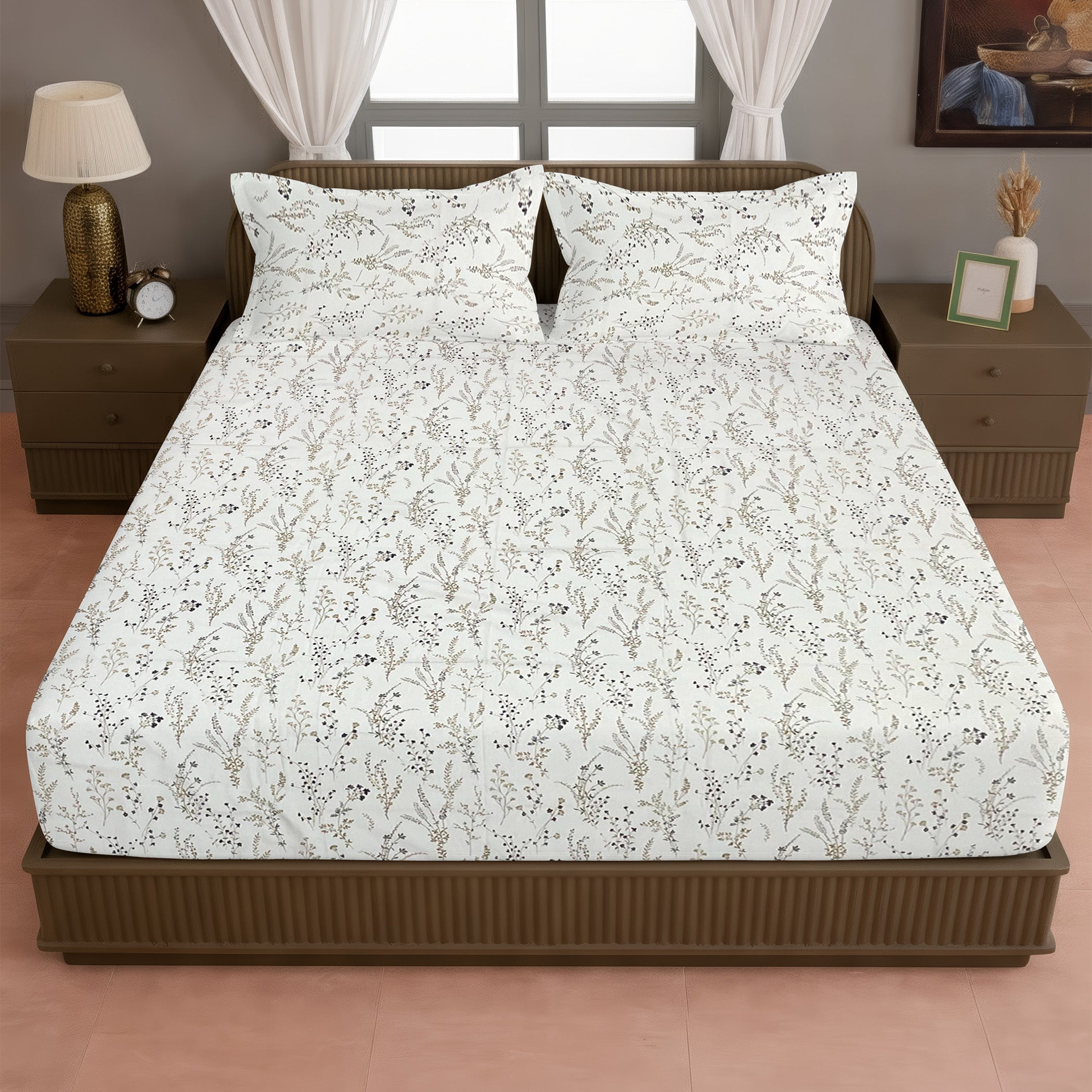 Elegant Ivory Botanical Pure Cotton 210 TC Super King Bedsheet with 2 Pillow Covers (108x108 Inches)