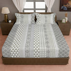 Ivory & Grey Geometric Pure Cotton 210 TC King Fitted Bedsheet with 2 Pillow Covers (72x78x10 Inches)