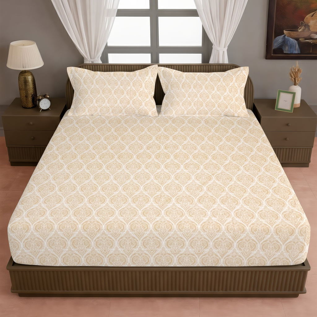 Ornamental Motif Ivory 210 TC Pure Cotton King Fitted Bedsheet with 2 Pillow Covers (72 x 78 x 10 Inches)