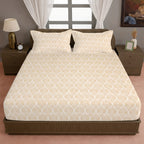 Ornamental Motif Ivory 210 TC Pure Cotton King Fitted Bedsheet with 2 Pillow Covers (72 x 78 x 10 Inches)