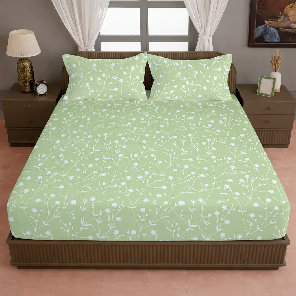 Floral Vine Sage Green 210 TC Pure Cotton Double Bedsheet with 2 Pillow Covers (90 x 108 Inches)
