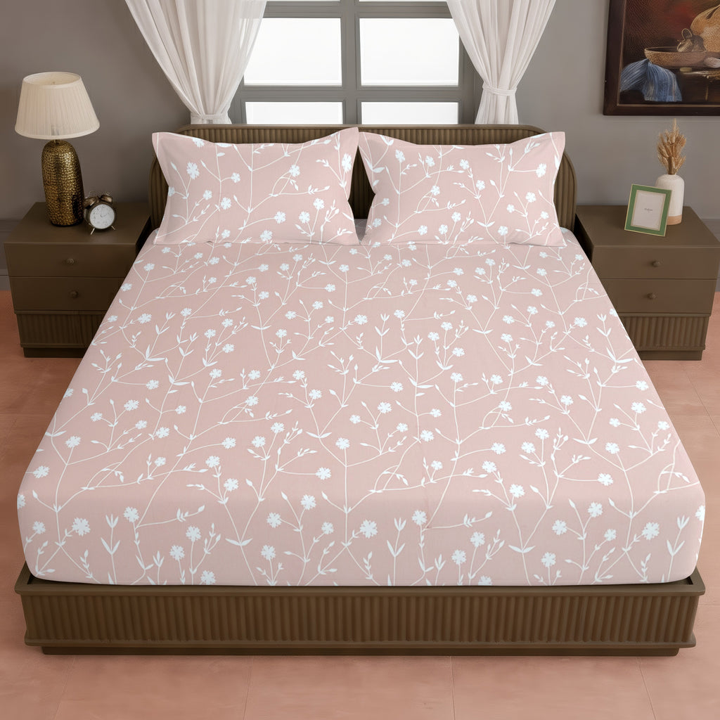 Elegant Blush Pink Floral Pure Cotton 210 TC Double King Bedsheet with 2 Pillow Covers (90x108 Inches)