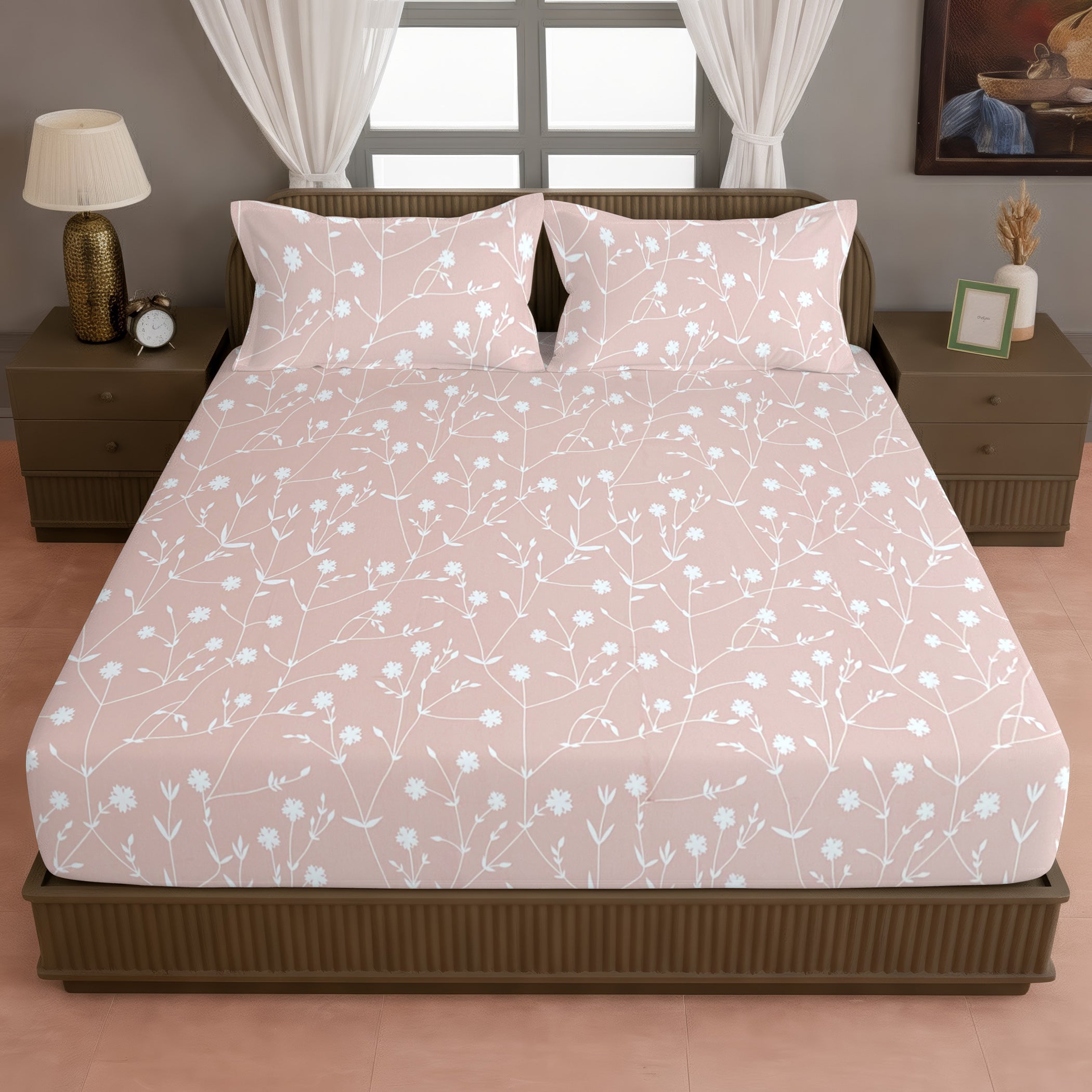 Elegant Blush Pink Floral Pure Cotton 210 TC Double King Bedsheet with 2 Pillow Covers (90x108 Inches)