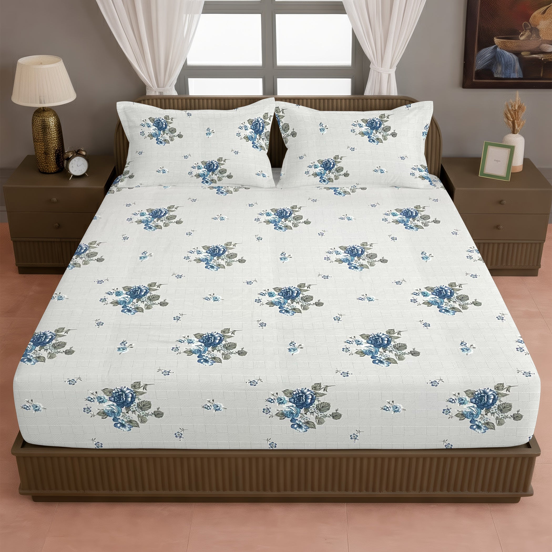 Blue Flora - 210TC Pure Cotton King Fitted Bedsheet (72x78x10 Inches)