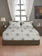 Brown Flora - 210TC Pure Cotton King Fitted Bedsheet (72x78x10 Inches)