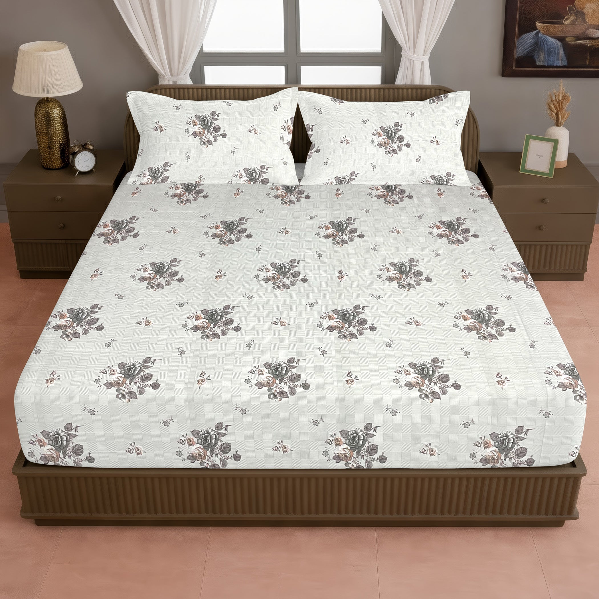 Grey Flora - 210TC Pure Cotton Queen Fitted Bedsheet (60x73x10 Inches)