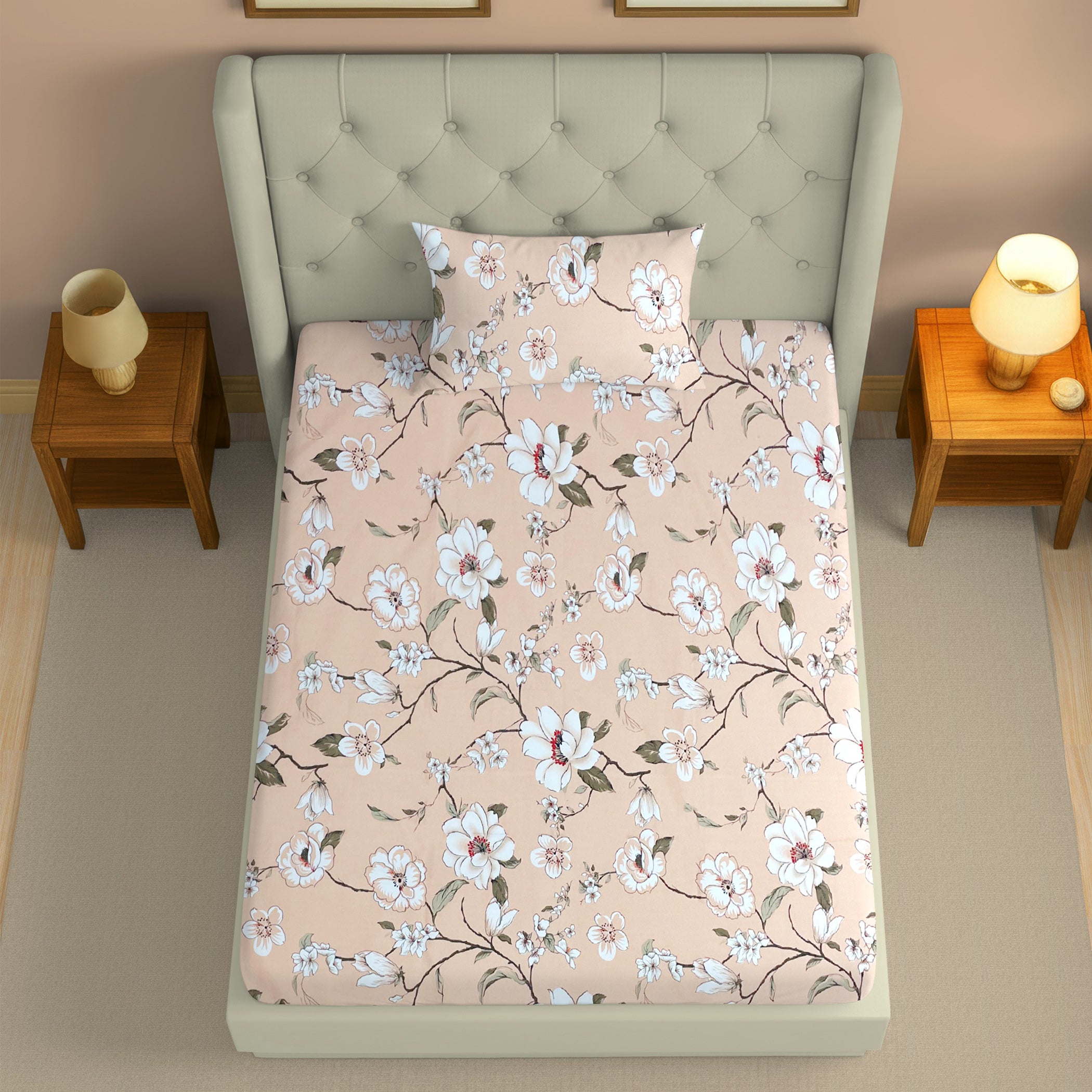 Peach Spring - 210TC Pure Cotton Single Bedsheet (60x90 Inches)