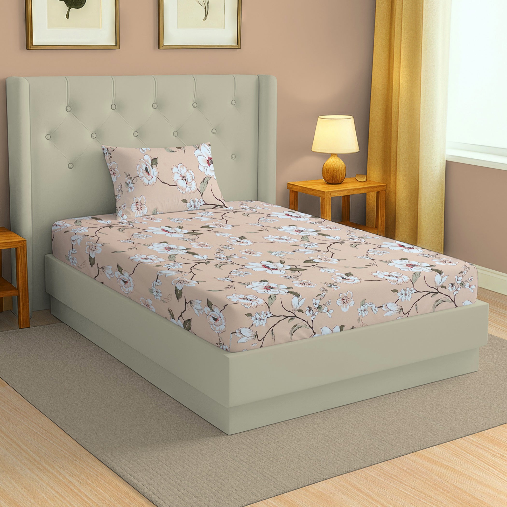 Peach Spring - 210TC Pure Cotton Single Bedsheet (60x90 Inches)