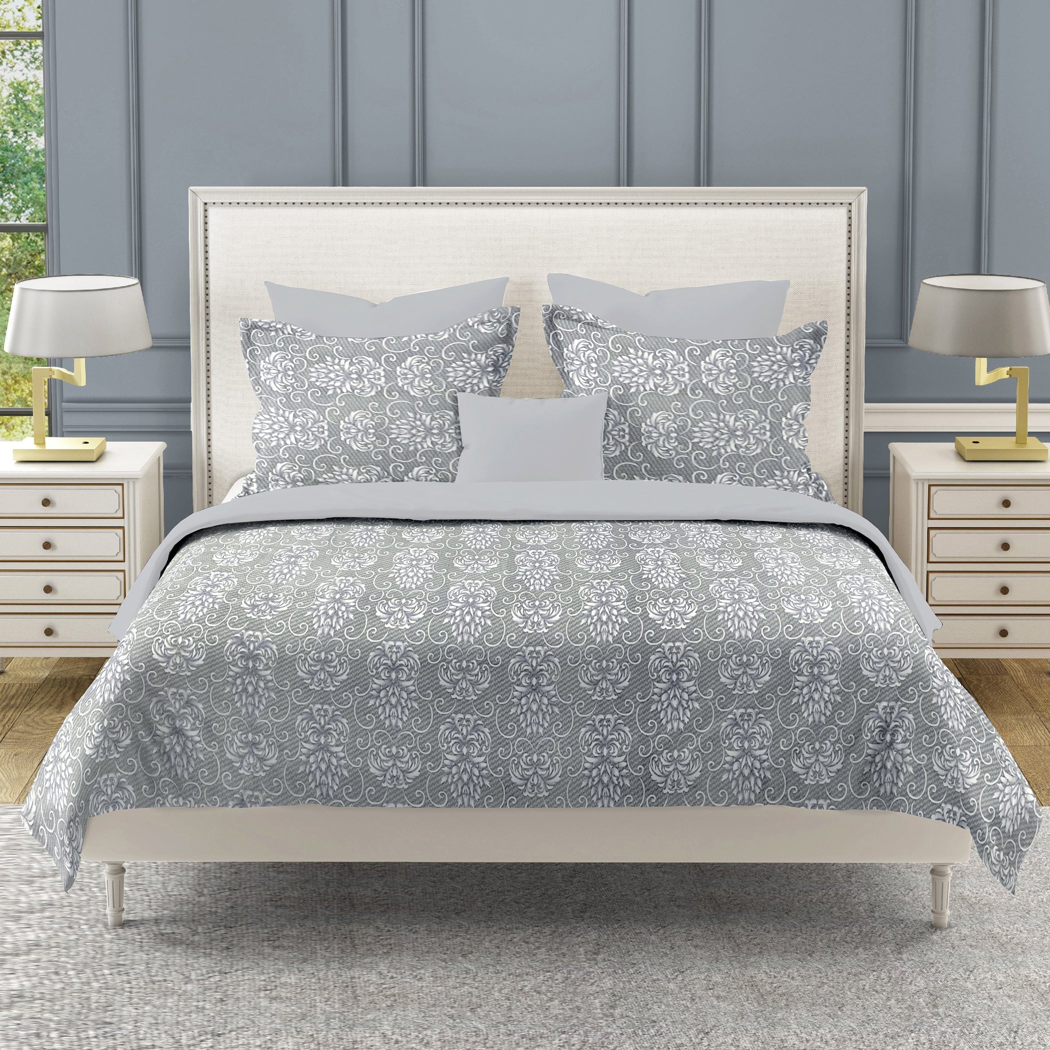 Double Bed in a Bag - Pure Cotton - Grey Floral Damask Elegance