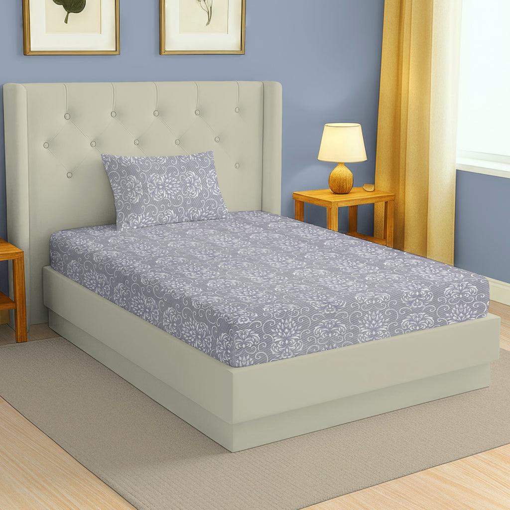 Lavender Swirl - 210TC Pure Cotton Single Fitted Bedsheet (36 x 78 x 10 Inches)