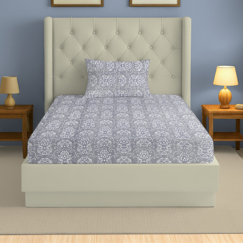 Lavender Swirl - 210TC Pure Cotton Single Fitted Bedsheet (36 x 78 x 10 Inches)