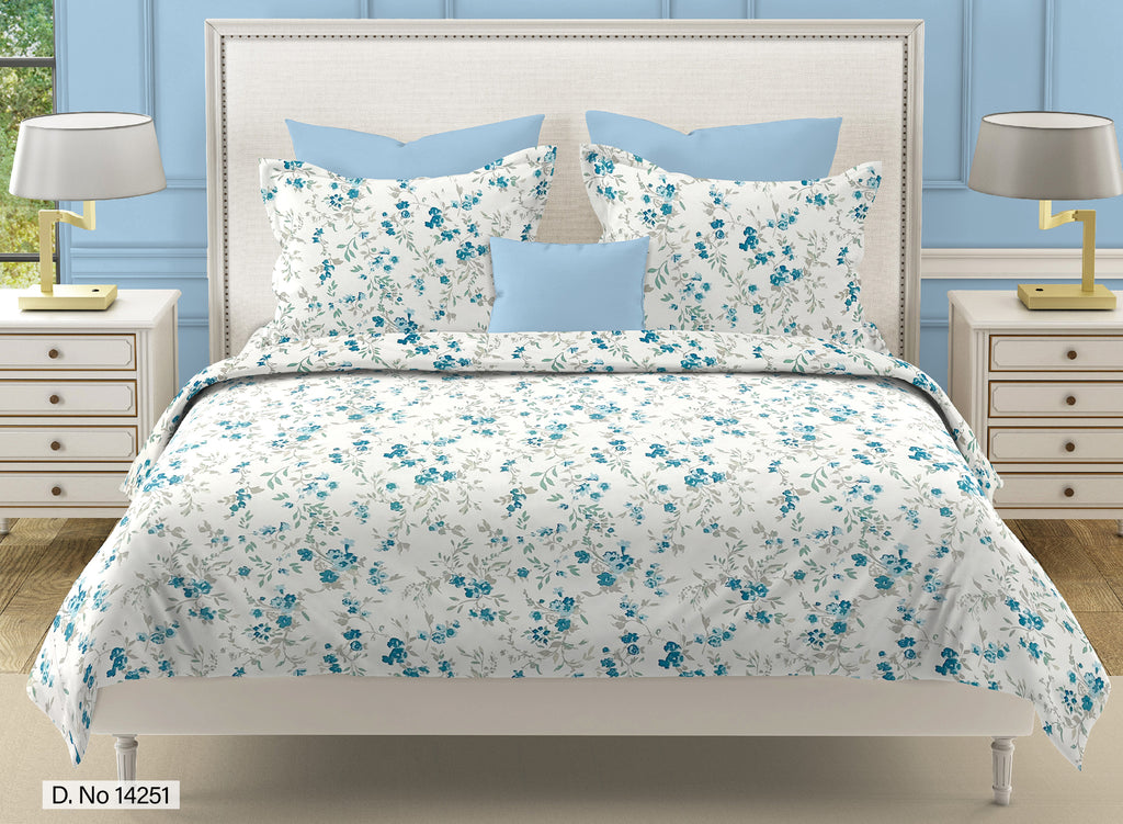 Blue Blossom Floral 210 TC Pure Cotton Super King Bedsheet With 2 Pillow Covers