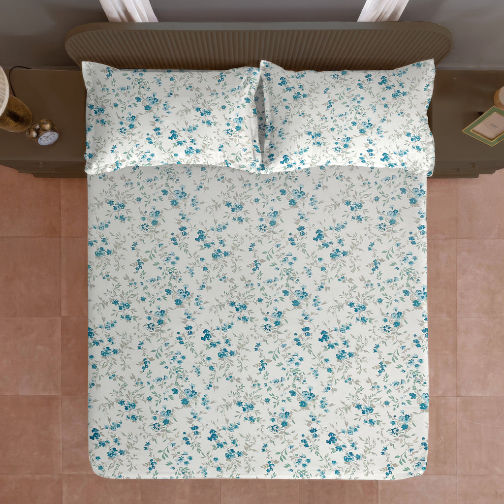 Blue Blossom Floral 210 TC Pure Cotton Super King Bedsheet With 2 Pillow Covers