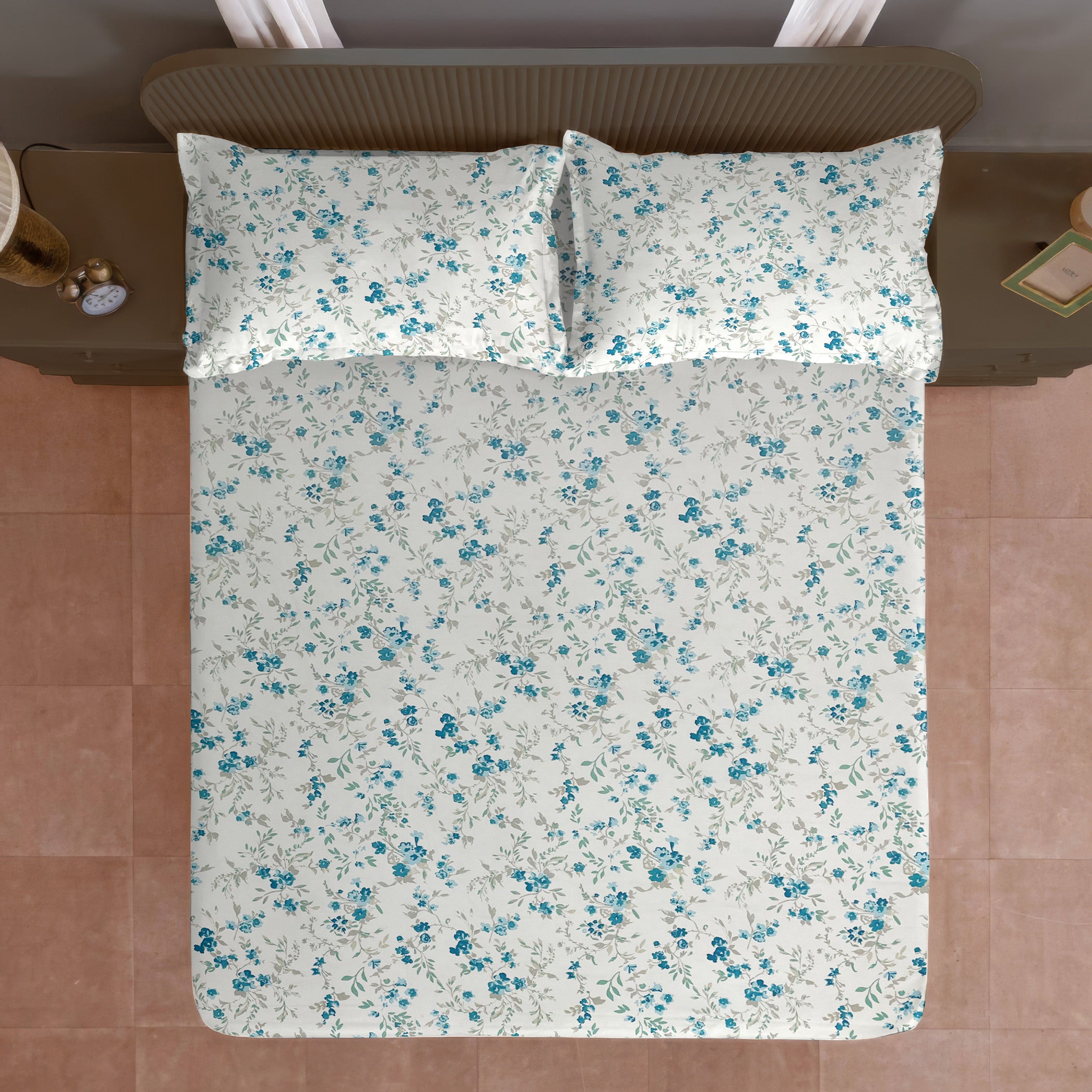 Blue Blossom Floral 210 TC Pure Cotton Super King Bedsheet With 2 Pillow Covers ( 108x108 Inches )