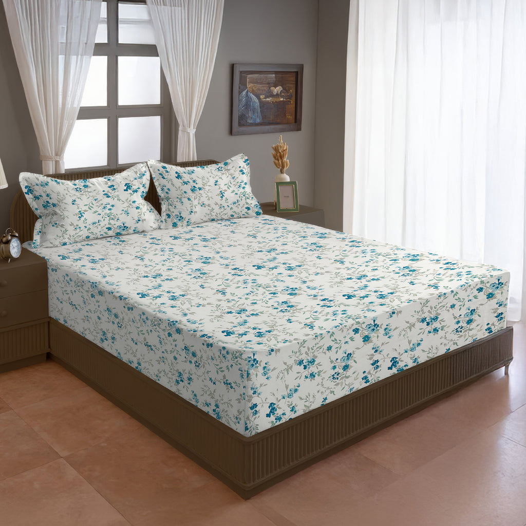 Blue Blossom Floral 210 TC Pure Cotton Super King Bedsheet With 2 Pillow Covers