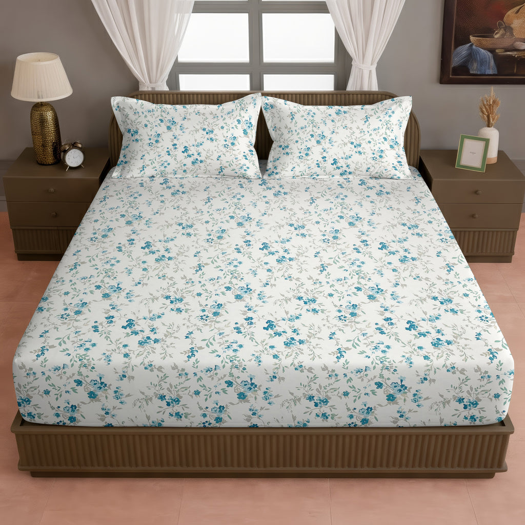 Blue Blossom Floral 210 TC Pure Cotton Super King Bedsheet With 2 Pillow Covers