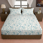 Blue Blossom Floral 210 TC Pure Cotton Super King Bedsheet With 2 Pillow Covers