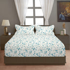 Blue Blossom Floral 210 TC Pure Cotton Super King Bedsheet With 2 Pillow Covers