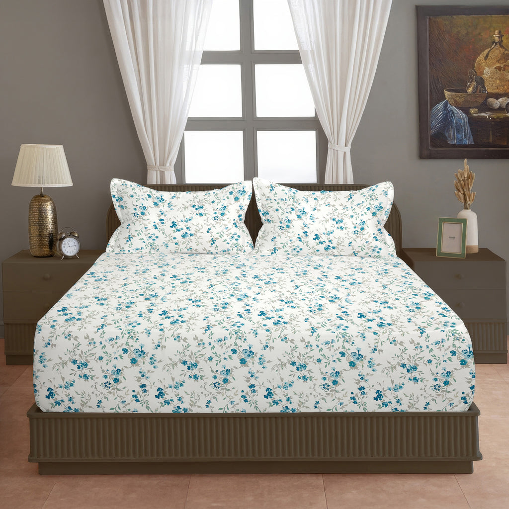Blue Blossom Floral 210 TC Pure Cotton Super King Bedsheet With 2 Pillow Covers