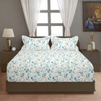 Blue Blossom Floral 210 TC Pure Cotton Super King Bedsheet With 2 Pillow Covers