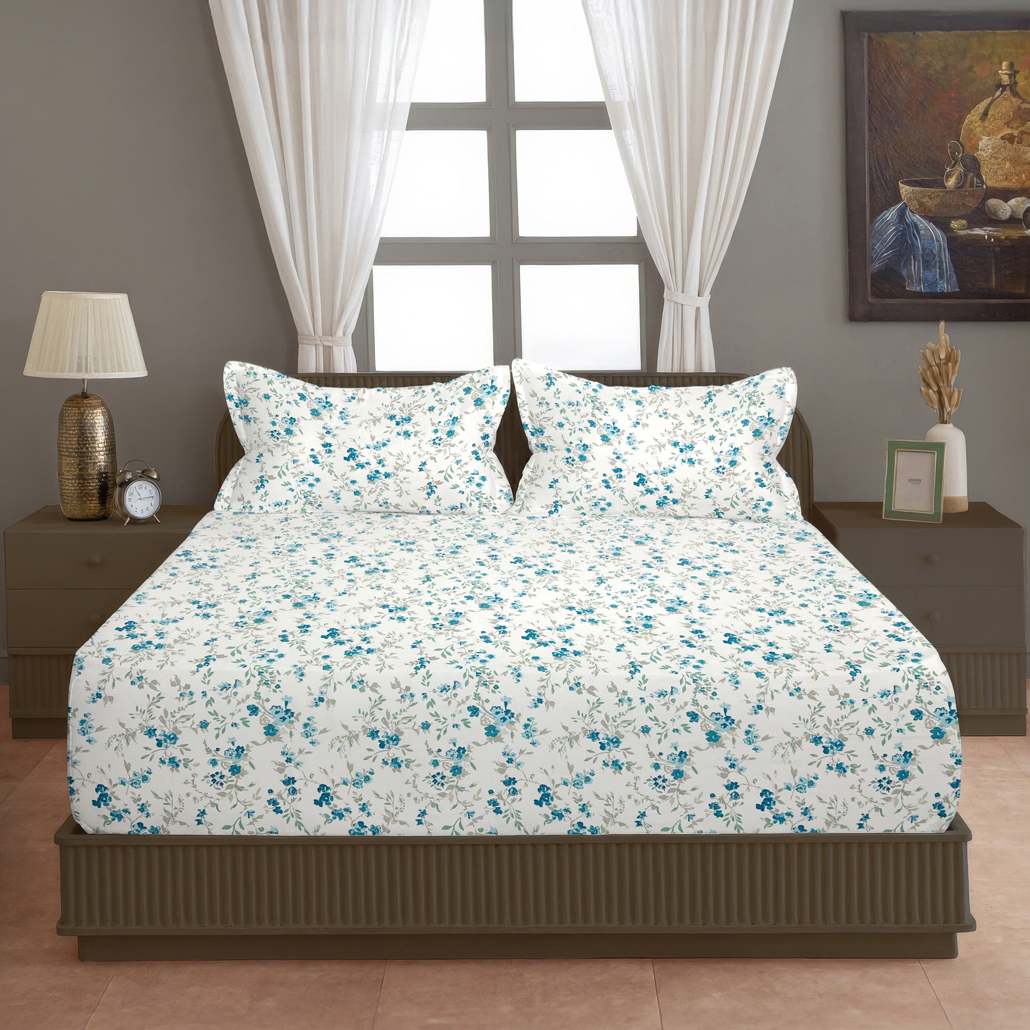 Blue Blossom Floral 210 TC Pure Cotton Super King Bedsheet With 2 Pillow Covers