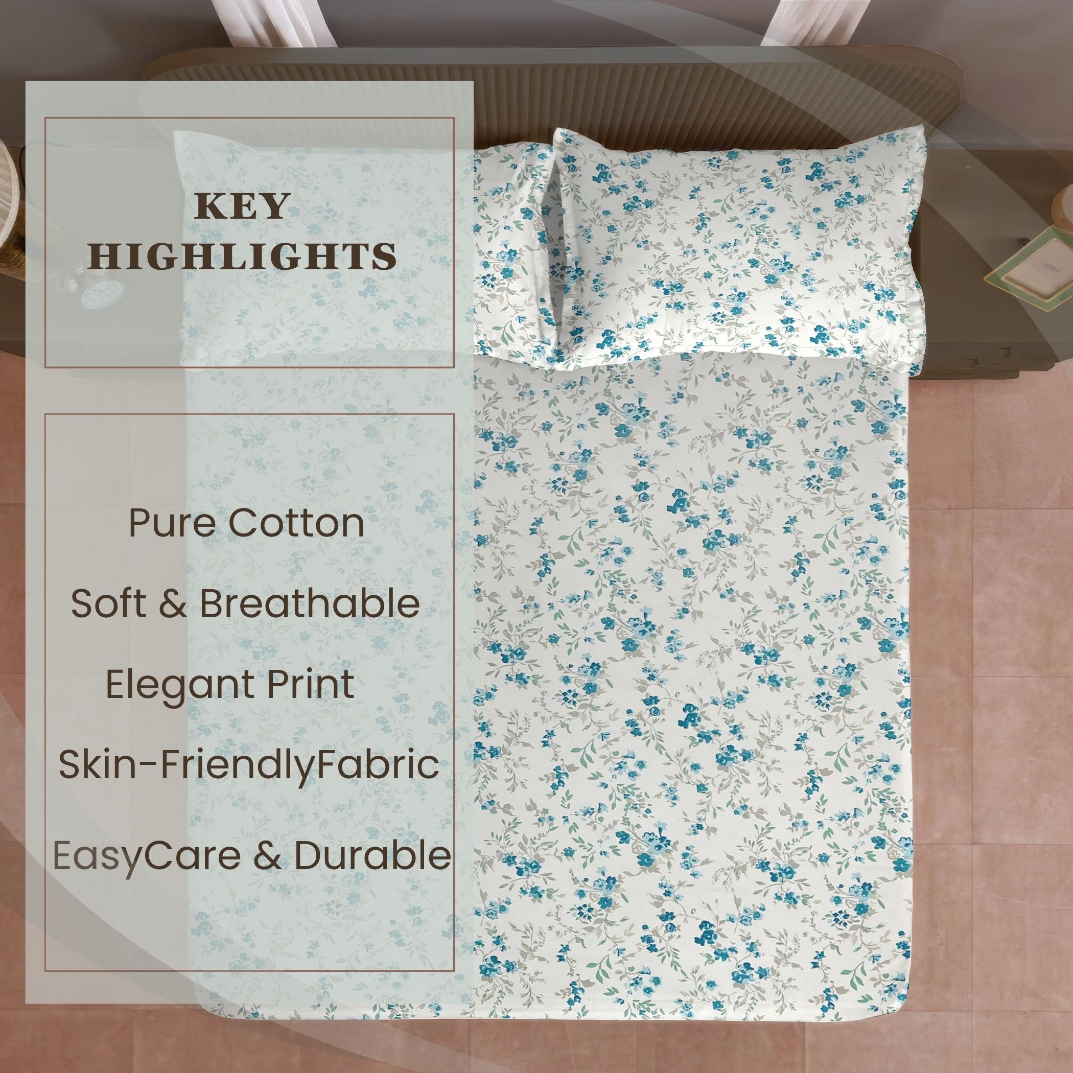 Blue Blossom Floral 210 TC Pure Cotton Super King Bedsheet With 2 Pillow Covers