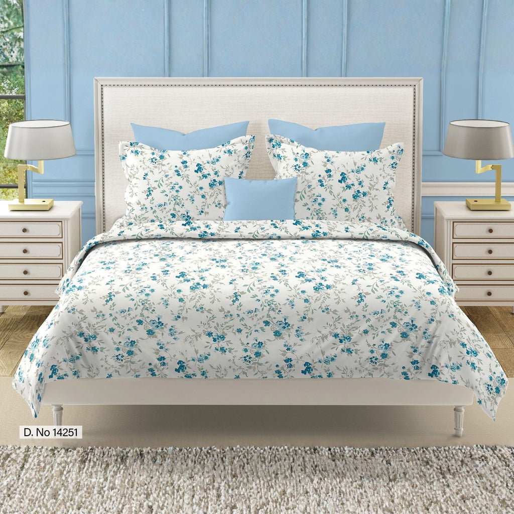 Blue Blossom Floral 210 TC Pure Cotton Super King Bedsheet With 2 Pillow Covers